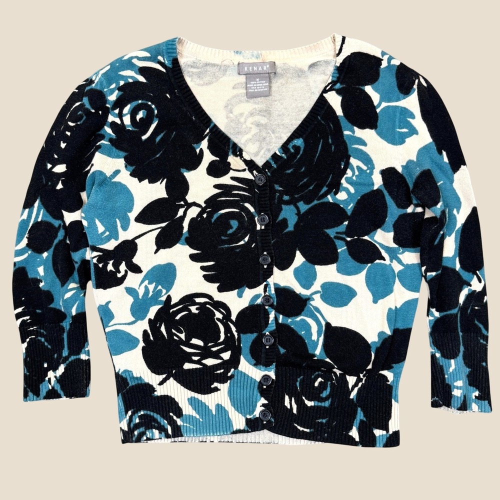 Kenar Cardigan Sweater Women M Blue Black Floral Rose Print V-Neck Knit Casual